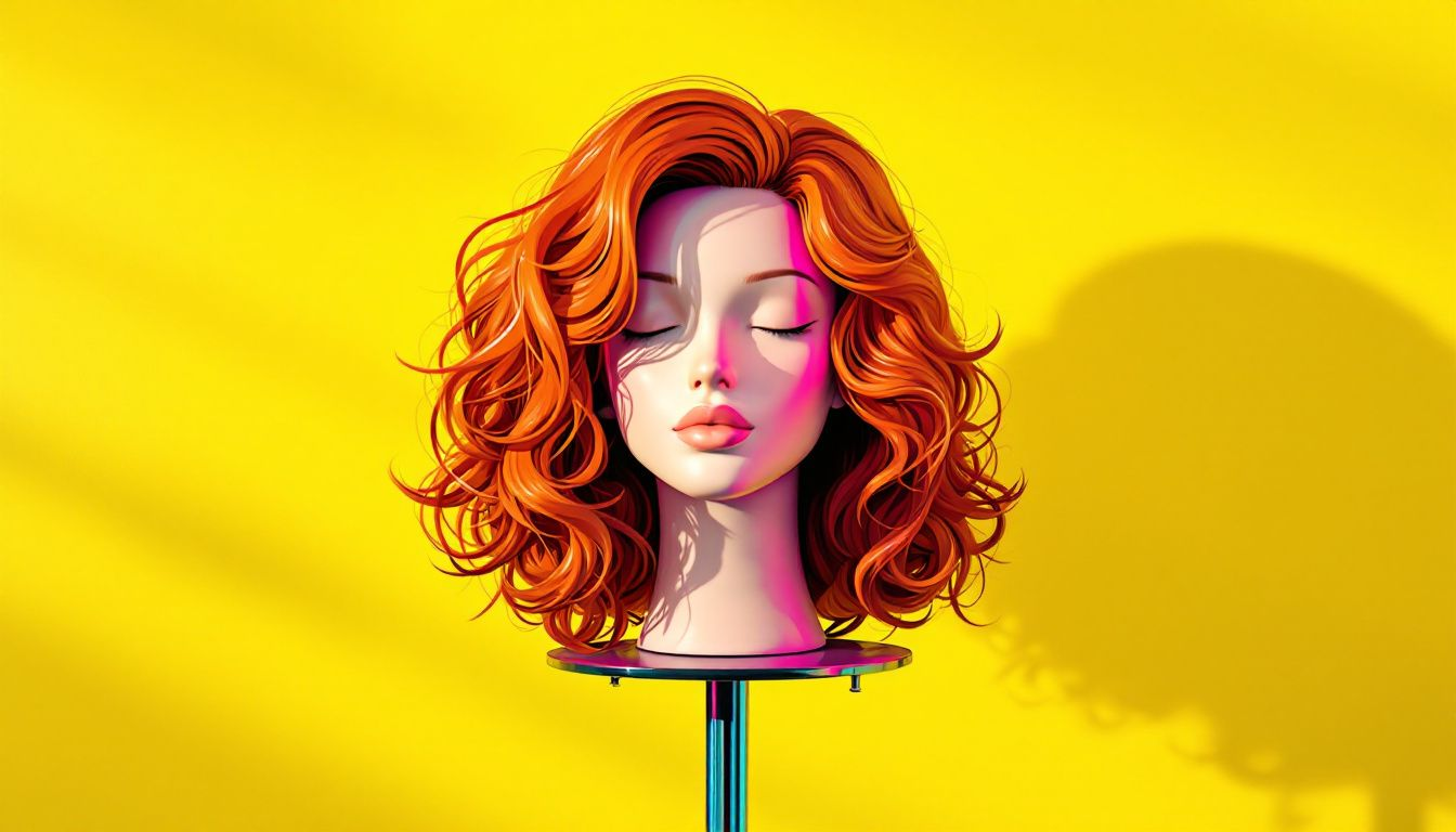 Mannequin head with a wig displayed on a wig stand.