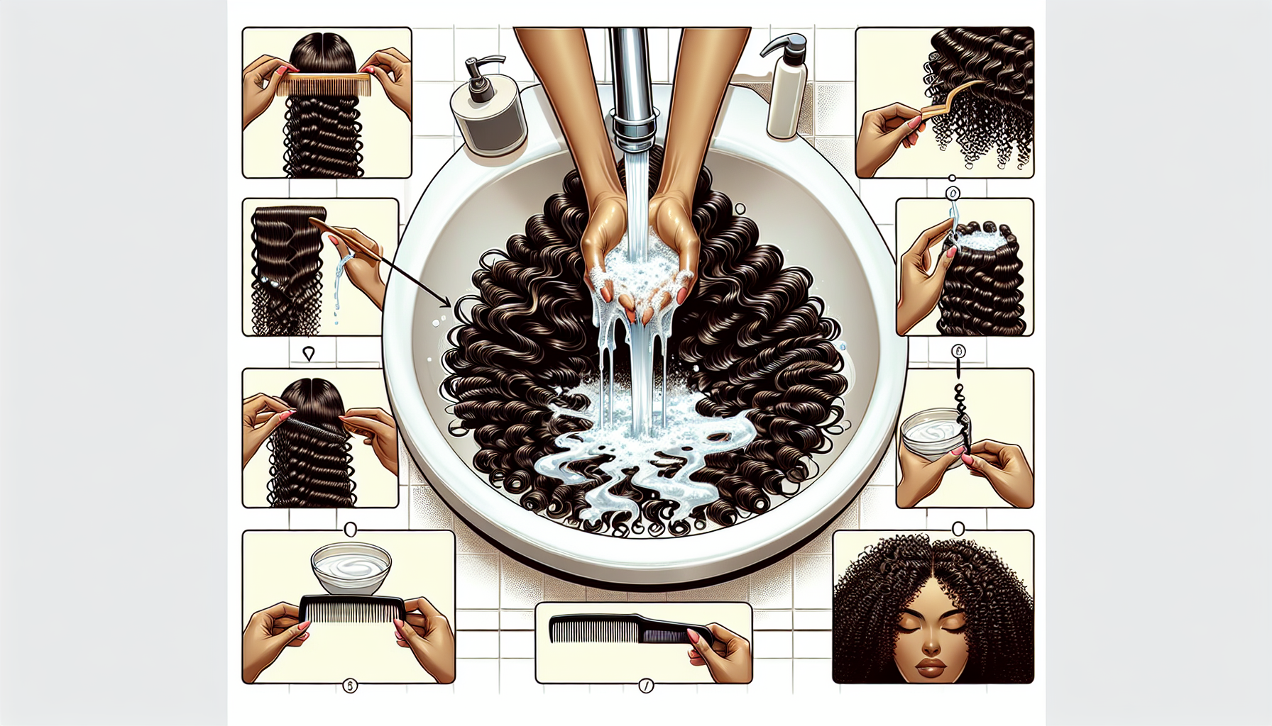 Illustration of proper washing and conditioning techniques for curly extensions