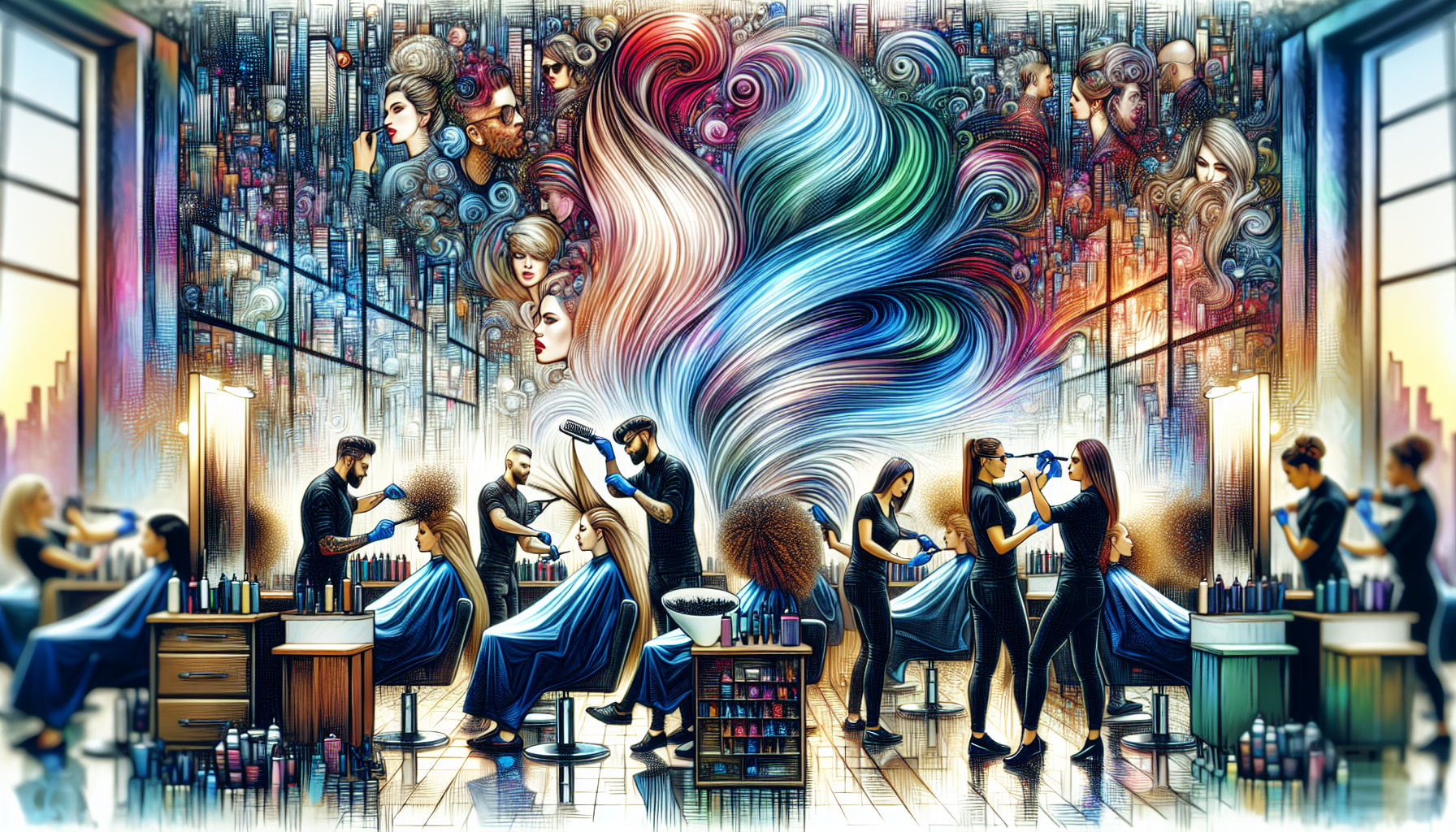 Creative hair design with vibrant colors and modern tools